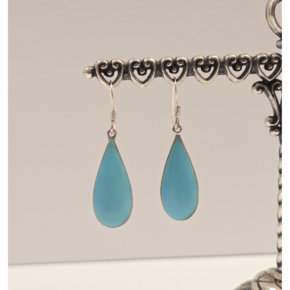 MC Sterling Silver Turquoise Scroll Work Teardrop Dangle Earrings Signed MC 925
